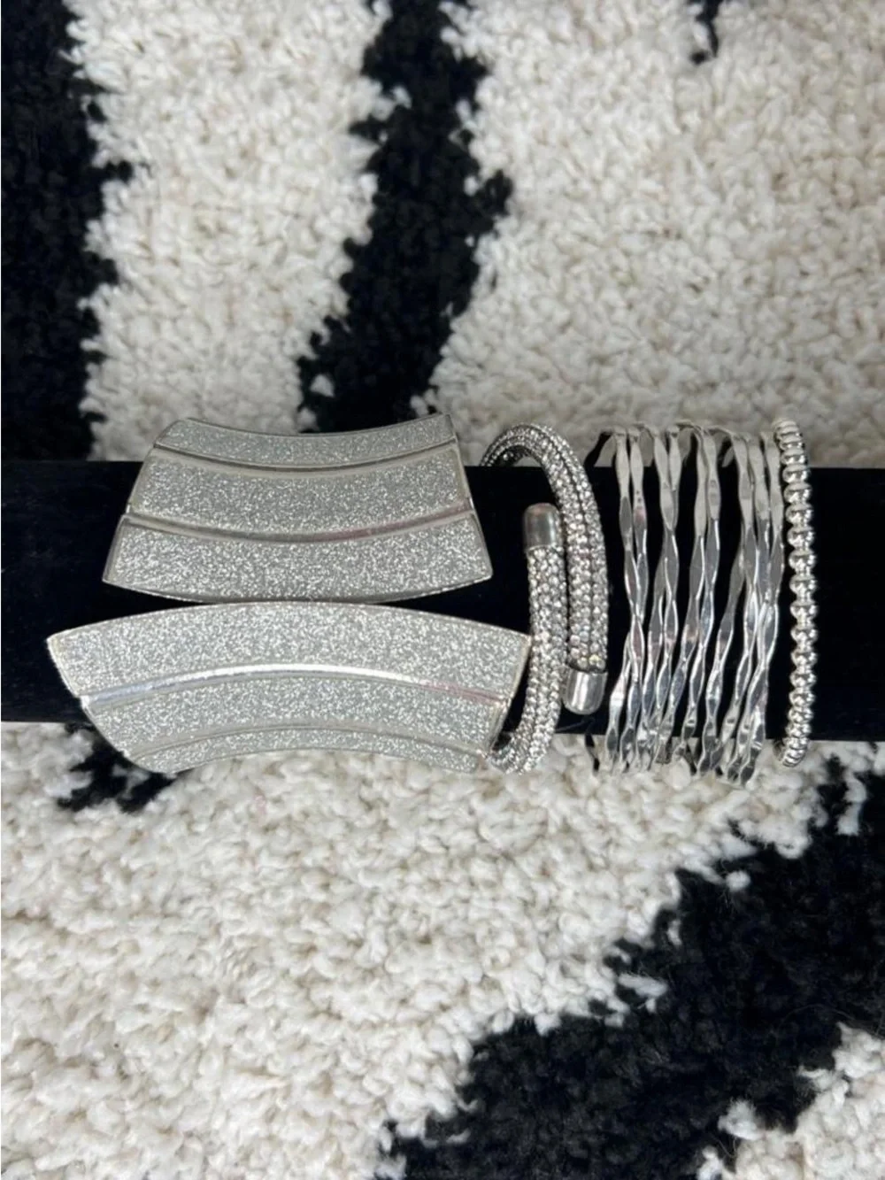 Chunky silver stack glitter rhinestones cuffs and hinged clamper